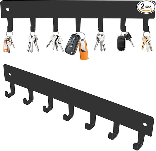 2 Pack Key Holder for Wall, Key Hooks with 7 Hooks, Self-Adhesive Key Hanger – No Drilling Required, Hallway Wall Mount Keychain, Key Rack Wall Mount for Corridor, Living Room, Garage (Grey)