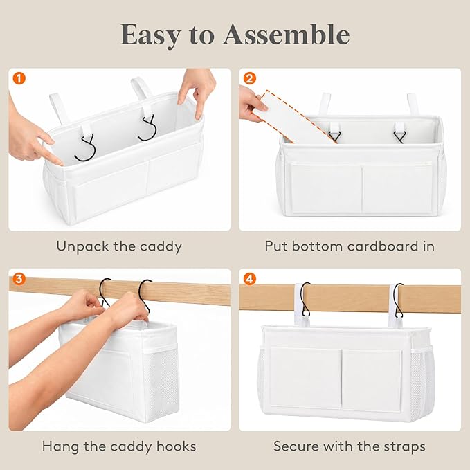 Lifewit Bedside Caddy Storage Organizer, Storage Bag Hanging Organizer with Fixed Straps, Book Remotes Holder for Home, College, Dorm, Bunk, Hospital, Crib Bed Rails, White