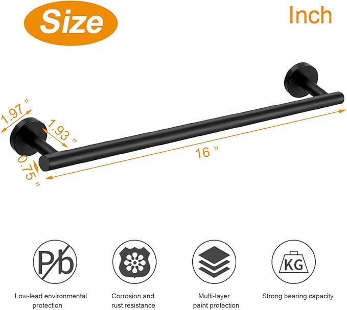 TocTen Bath Towel Bar - 2 Pack Thicken SUS304 Stainless Steel Towel Rack for Bathroom, Bathroom Hardware Accessories Towel Rod Heavy Duty Wall Mounted Towel Holder (16 Inch, Matte Black)