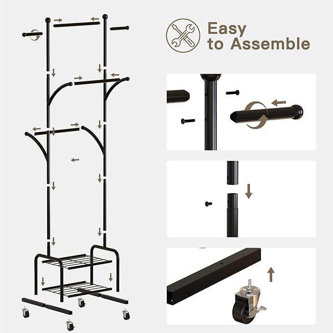 Rolling Clothes Rack with 2 Metal Shelves, 71" Portable Clothing Rack with Wheels, Small Garment Rack with 2 Side Hanging Rods, Freestanding Coat Rack for Laundry Room, Bedroom, Black