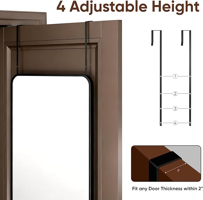 Antok 58''x 20'' Full Length Mirror Over Door, 4-in-1 Standing Leaning Wall Mounted, Adjustable Hanging Mirror for Bedroom Living Room, Black, Rounder Corner