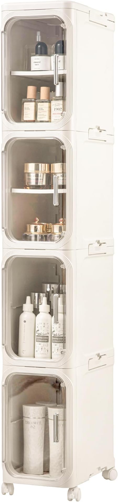 4-Tier Tall Narrow Storage Cabinet, Slim Bathroom Storage Cabinet with Adjustable Shelves and Wheels, Narrow Organizer for Small Space, Bathroom, Kitchen, Laundry, Cream White