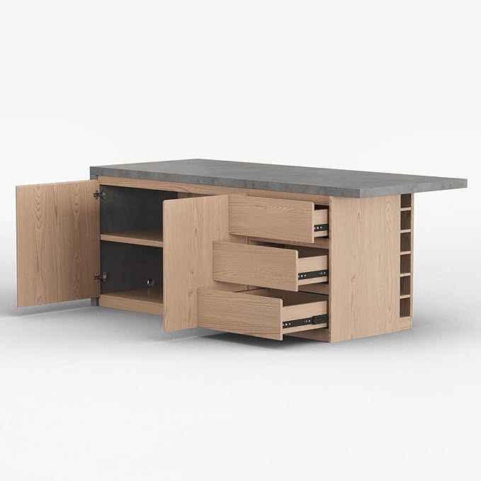 homary Kitchen Island with Storage & Wine Rack, 72" Modern Gray Kitchen Cabinet with Wood Top, Large Fixed Island with 3 Drawers & 6 Adjustable Shelves, Without Bar Stools