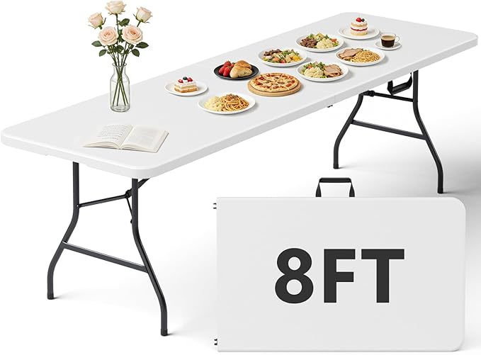 Folding Table 8FT Heavy Duty Plastic Table with Handle, Foldable&Portable, Fold-in-Half Utility Tables for Outdoor, Dining, Wedding, Events, Indoor, Picnic, Camping, Party, White