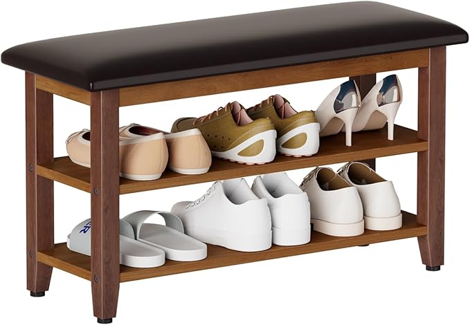 Shoe Bench with Leather Cushion,Wood Bench with Shoe Rack,2-Tier Shoe Storage Organizer for Entryway,Hallway,Living Room (2-Tier-31.5", Rubberwood)