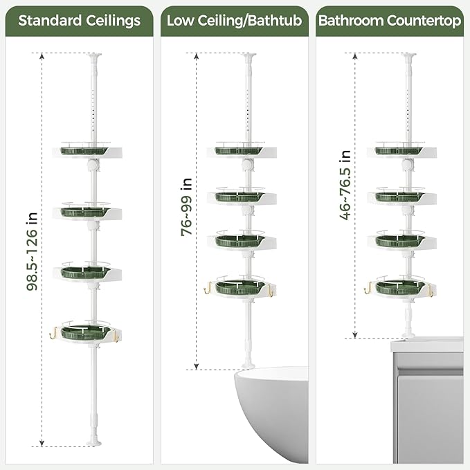 akinbas Shower Caddy Tension Pole with 4 L-Lazy Susan Organizer 360 Rotating 35-128 Inch No Drilling Floor Standing Shelves Adjustable Shower Rack for Bathroom Corner (White+Green)