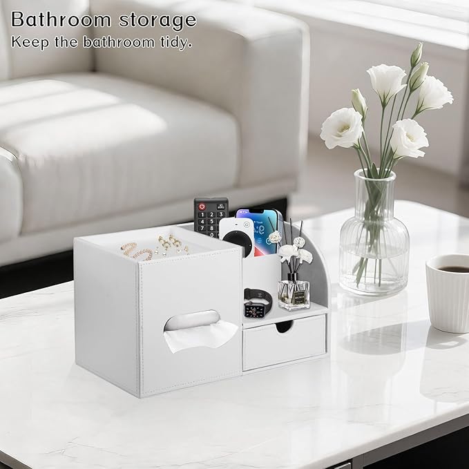 Square Tissue Box Cover with Tray and Organizer, Multi-Functional Decor Cube Tissue Box Holder, Tissue and Remote Control Holder, for Vanity, Nightstand, Bathroom, Home, Office