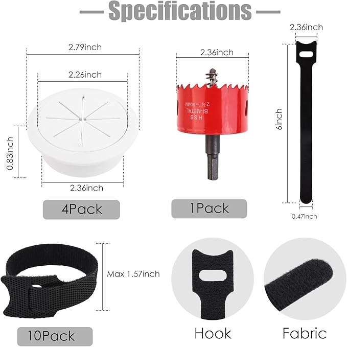 4 Pack TV Cord Hider for Wall Mounted TV, 2-3/8"(60mm Hole) Cord Hider for TV Wall, in Wall Cable Management Kit, Includes 4 Pass Throughs, 1 Hole Saw Drill Attachment & 10 Cable Ties for Easy Install