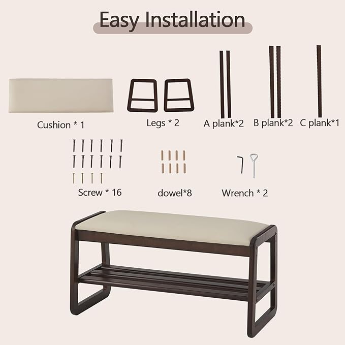 Achicsofar Shoe Rack Bench,2 Tier Wooden Entryway Bench with Shoe Storage, Shoe Rack with Cushion for Living Room, Hallway(Pu Beige, 31.5")