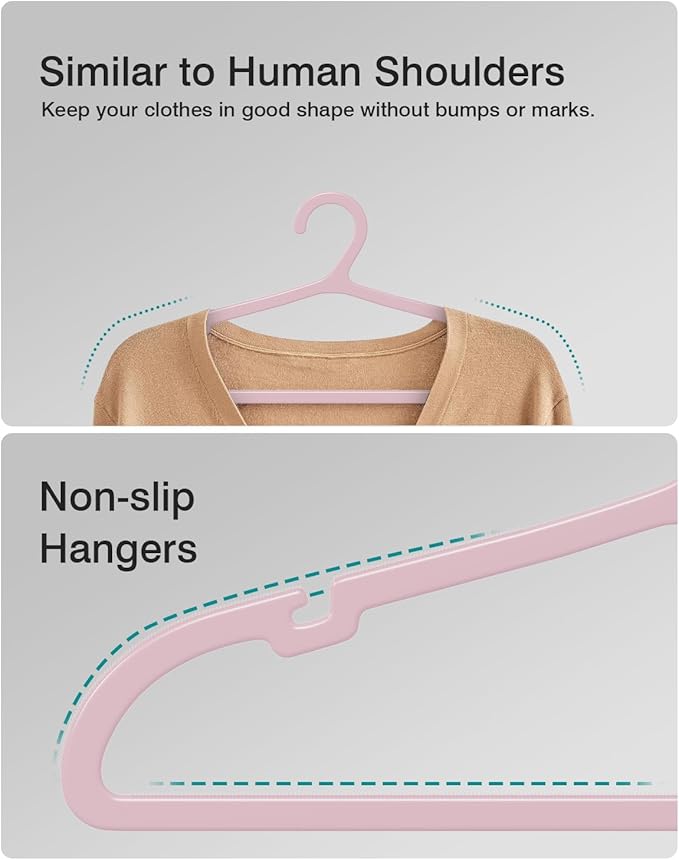 ABHENG 100 Pack Clothes Hangers, Non Slip Plastic Coat Hangers, Space Saving, Heavy Duty, Hanging Dry Wet Clothes, 16.4" x 8.3", Light Pink, UAPY05100P