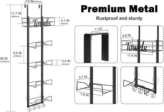 Over The Door Towel Racks, No Drill Towel Storage with Basket & Hooks, Space-Saving Multi-Functional Towel Holder for Bathrooms, bedrooms, Apartments, RVs (Matte Black, 6 Tier)