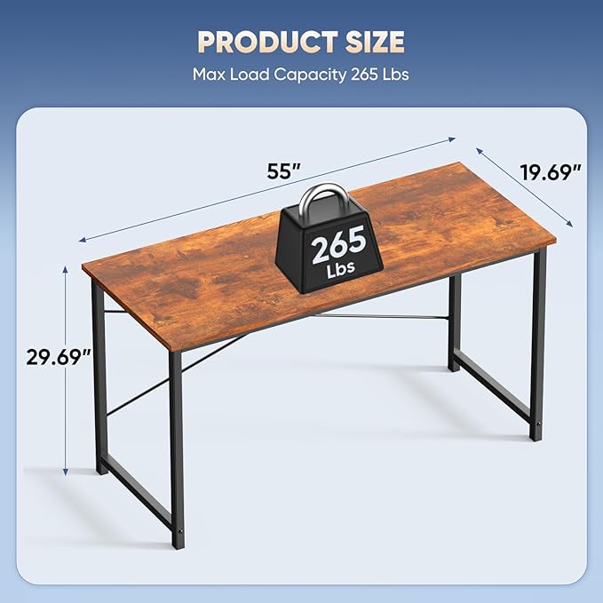DUMOS 55 Inch Computer Office Desk Writing Gaming Study Work Large Desks for Bedroom Home Office with Metal Frame Simple Modern PC Table Workstation, Wood Brown