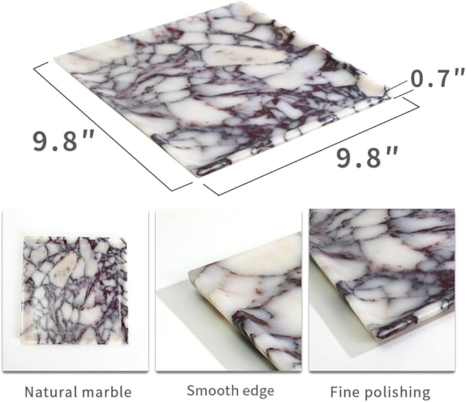 DUANYAN Natural Marble Tray, Coffee Table, Food, Fruit, Paper Cup, Cake Display, Coffee bar, Family Gatherings, Seasonal Holiday Decoration Tray(Viola-square-9.8"x9.8"x0.7")