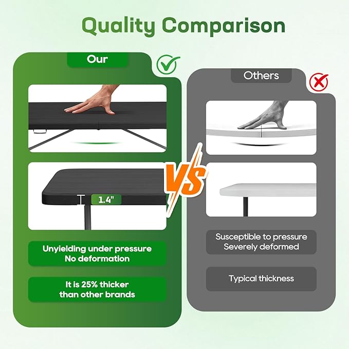FDW 6 FT Folding Table, Portable Plastic Table with Carrying Handle Perfect for Indoor, Outdoor, Party, Dining, Wedding, Events, Camping, Black Wood Grain