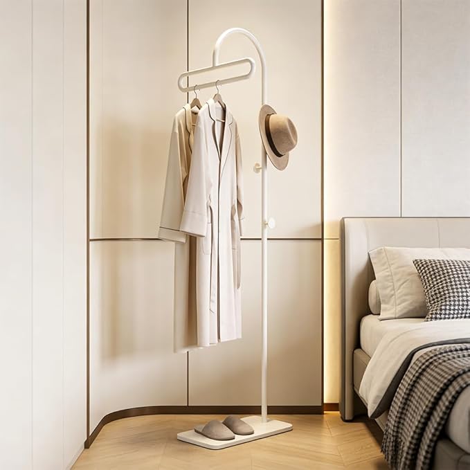 Coat Rack Freestanding Clothes Rack with Hooks & Marble Base, Heavy Duty Coat Hanger Stable Coat Stand for Entryway Bedroom, Hanging Garment Rack Hall Tree for Clothing Ties Hats Bags Purses (White)