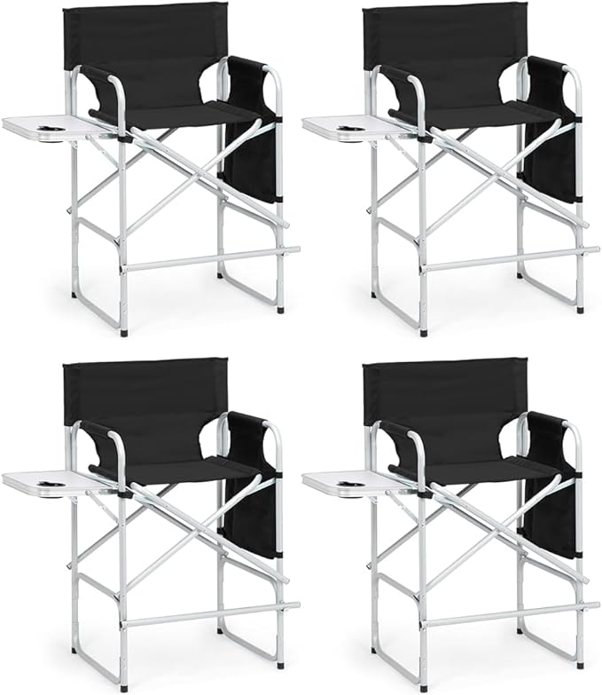 Outvita 4 Piece 26" Tall Directors Chair Height Seat Folding with Side Table Storage Pocket, Support for 300Lbs Portable Makeup Artist Chair with Bar Height(Black)