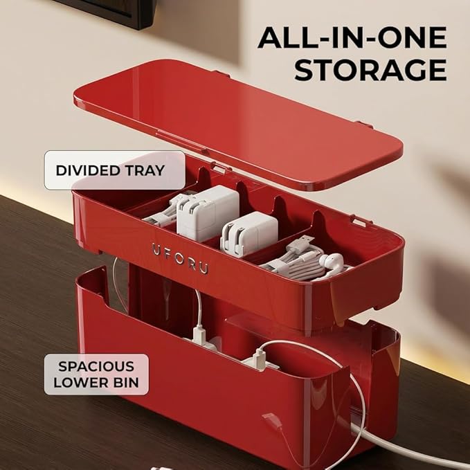 2-Tier Rolling Cable Management Box with Wheels (Large) – Mobile Power Strip Hider & Cord Organizer – Under Desk Wire Concealer & Charging Station Organizer – Baby & Pet Proof Safety (Retro Red)