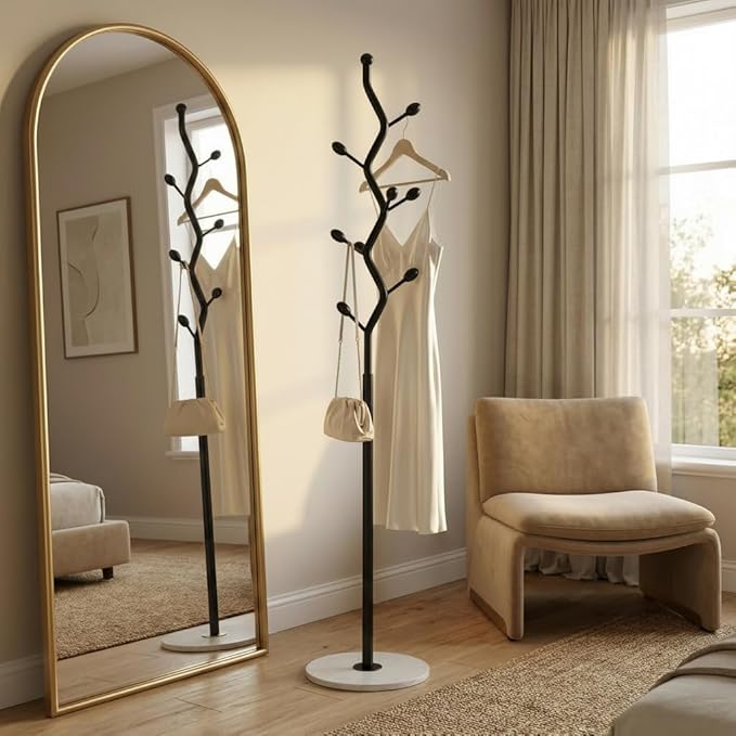 Freestanding Tree Branch Coat Rack with Marble Base, Gold Decorative Standing Coat Rack with 8 Hooks, Sturdy Heavy Duty Metal Coat Hanger Stand for Entryway Bedroom Living Room (Black + White)