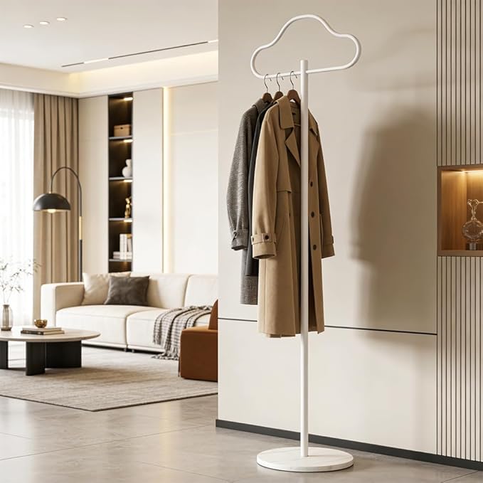 Coat Rack Freestanding Clothes Rack with Hooks & Marble Base, Heavy Duty Coat Hanger Stable Coat Stand for Entryway Bedroom, Hanging Garment Rack Hall Tree for Clothing Tie Hat Bag Purse (White Cloud)