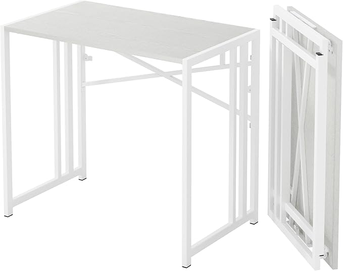 Lutown-Teen Small Folding Desk 35 inch, No Assembly Required Narrow Office Desk, Writing Gaming Computer Camping Table, White