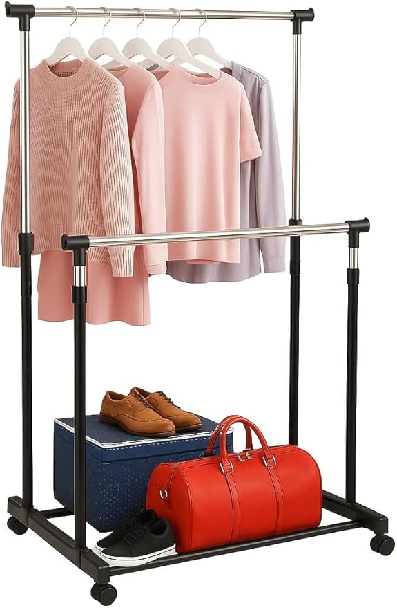 Heavy Duty Garment Rack with Sturdy Wheels | 450 lb Load Capacity | Adjustable Metal Clothing Anti-Slip Rack for Hanging Clothes, Lockable for Stability (Double Rod)