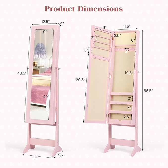 Giantex Jewelry Armoire with Full Length Mirror, Standing Jewelry Cabinet Organizer with 3 Tilting Angles, Bedroom Dressing Mirror with Large Storage for Earrings, Rings, Necklaces, Light Pink