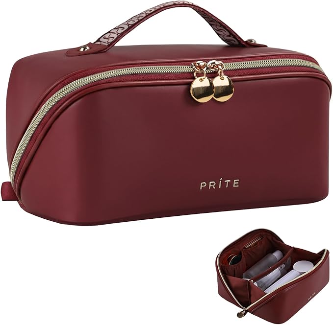 Prite Makeup Bag for Women Travel Waterproof Vegan Leather Cosmetic Bag Open Flat Toiletry Bag With Clear Divider and Handle (Dark Red, Medium)