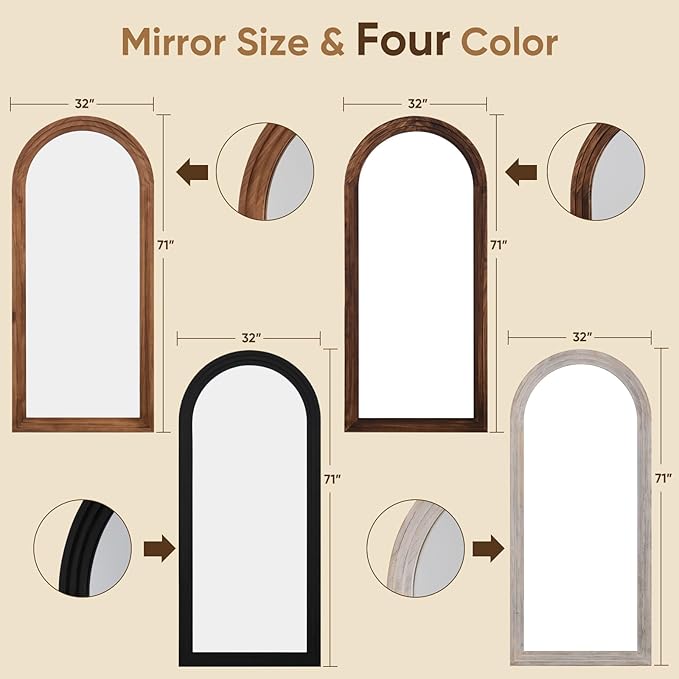 Full Length Mirror, 71"x32" Wooden Mirror Full Length with Stand Wood Floor Mirror, Oversized Stand Up Mirrors Large Wall Mirrors, Wall Mounted Mirrors, Arched Wood Style, Brown