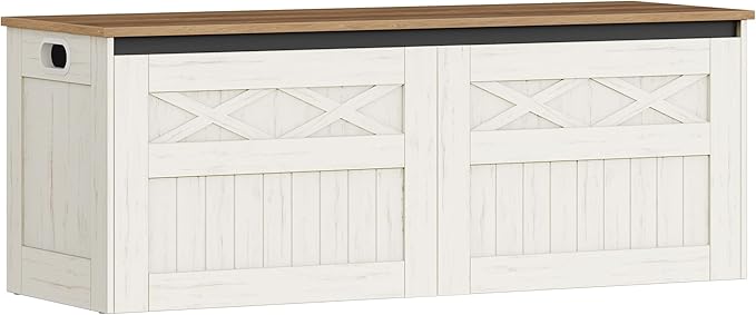 Hzuaneri 47.2" Storage Chest, Large Storage Bench with 2 Hinges, Farmhouse Wooden Box Bench, Lift-Top Organizer Chest, Wooden Bed End Bench, Suitable for Entryway, Bedroom, Retro White SB51214X