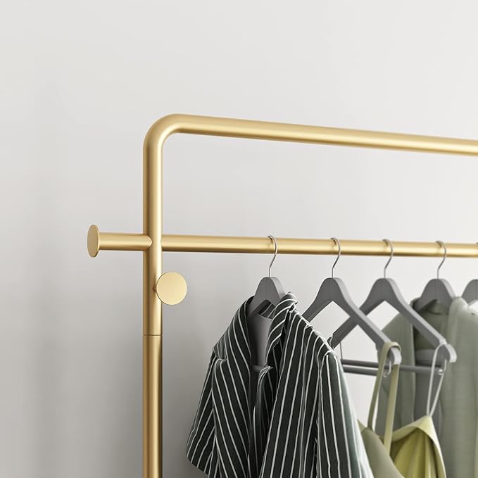 TIEOU Gold Coat Racks with Shelf, Heavy Duty Gold Clothing Racks for Boutiques, Free-Standing Metal Garment Rack for Hanging Clothes, Modern Clothes Rack Entryway