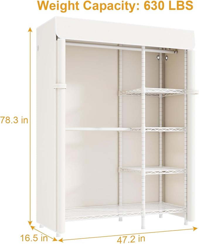 ULIFHOME F2C Clothes Rack with Cover, Clothing Racks for Hanging Clothes, Heavy Duty Garment Rack with Shelves and Hanger Rods, White Closet with Beige Cover, 47.2" W x 16.5" D x 78.3" H, Load 630lbs