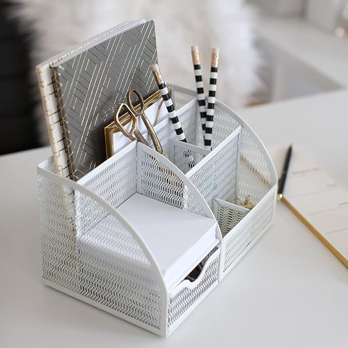 BLU MONACO | White Metal Mesh Desk Organizer with Drawer | 6-Compartment Desktop Storage for Office, School, Kitchen & Home | Modern Workspace Organizer for Pens, Papers, Supplies & Accessories