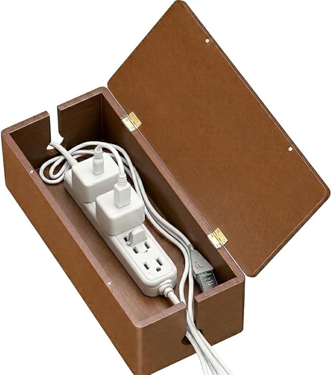 Real Wood Cable Management Box - Minimalist Home Office Decor - Walnut Finish Cord Organizer to Hide Wires & Power Strips - Spring Cleaning Essential for Desk & TV Stand - Safe for Pets & Kids