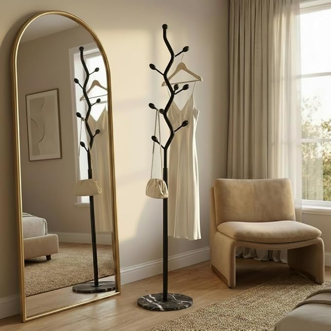 Freestanding Tree Branch Coat Rack with Marble Base, Gold Decorative Standing Coat Rack with 8 Hooks, Sturdy Heavy Duty Metal Coat Hanger Stand for Entryway Bedroom Living Room (All Black)