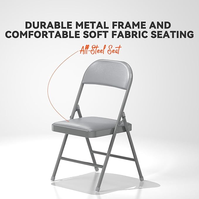 Nazhura 4 Pack Folding Chairs with Padded Vinyl Cushion Chairs with Comfortable Cushion and Durable Steel Frame for Home and Office, for Indoor and Outdoor Events (Grey Vinyl Padding 4 Pack)
