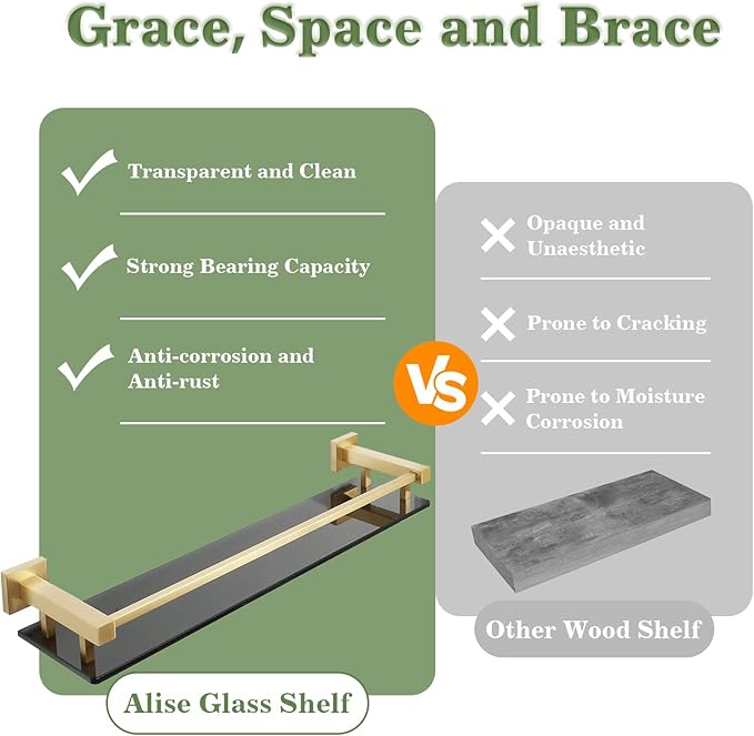 Alise Glass Shelf for Bathroom 20 inch, Gold Black Glass Floating Shelves, Stainless Steel Glass Bathroom Shelves Wall Mounted