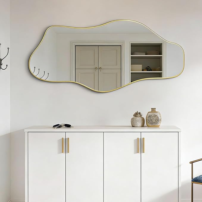 Gold Irregular Mirror, 47.2"x24" Asymmetrical Tempered Glass Mirror, Modern Abstract Frameless Wall Mirrors for Living Room Bedroom Hallway Entryway, Hangs Vertically or Horizontally