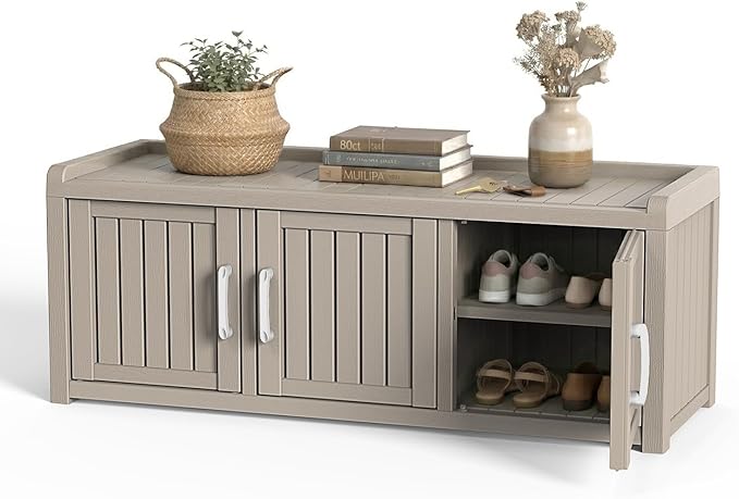 DRATO Outdoor Shoe Storage Cabinet, Shoe Bench with Storage, Waterproof Resin Large Shoe Cabinet with Doors for Outdoor Indoor Entryway Hallway Bedroom (Gray, 3 Doors)