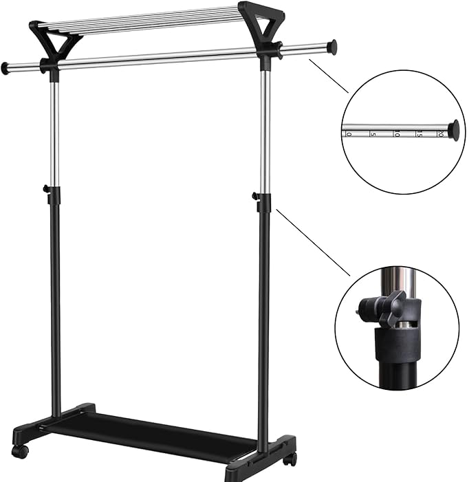 Clothes Rack on Wheels with Extra Top Storage Shelf, Expandable Rolling Garment Rack for Hanging Clothes, Heavy-duty Metal Stainless Steel Adjustable Organizer for Bedroom, Living Room