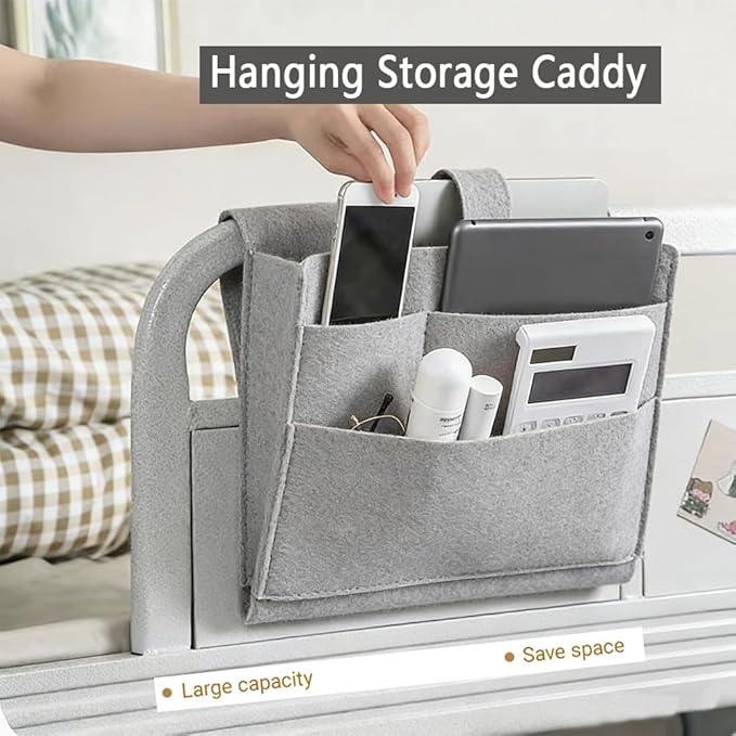 Bedside Caddy,Large Bed Caddy Hanging with Cord Slit, Bedside Remote Holder for Magazine,Books,Bunk Bed Accessories with Strong-Grip Loop Tape Sticky for Dorm, Bedroom, Sofa