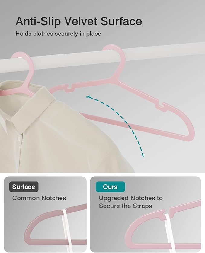ABHENG 50 Pack Clothes Hangers, Non Slip Plastic Coat Hangers, Space Saving Hangers, Heavy Duty, Hanging Dry Wet Clothes, 16.4" x 8.3", Light Pink, UAPY0550P