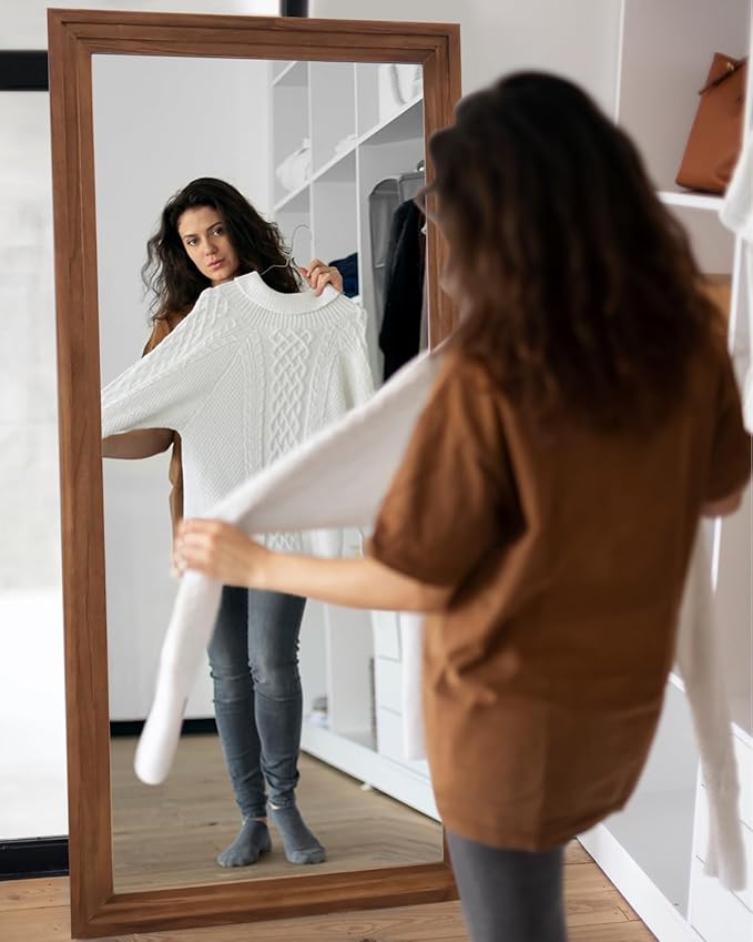 Full Length Mirror, 81"x41" Wooden Mirror Full Length with Stand Wood Floor Mirror, Oversized Stand Up Mirrors Large Wall Mirrors, Wall Mounted Mirrors, Rect Wood Style, Brown
