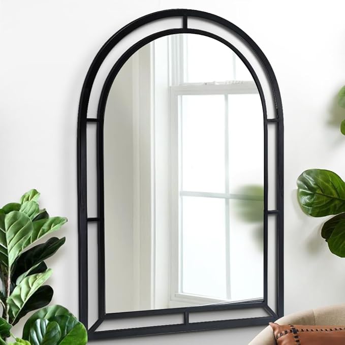 WAMIRRO Concise Window Arched Mirror,Decorative Black Window Pane Mirrors Decor for Fireplace/Entryway/Hallway/Living Room/Bathroom 28"X40"