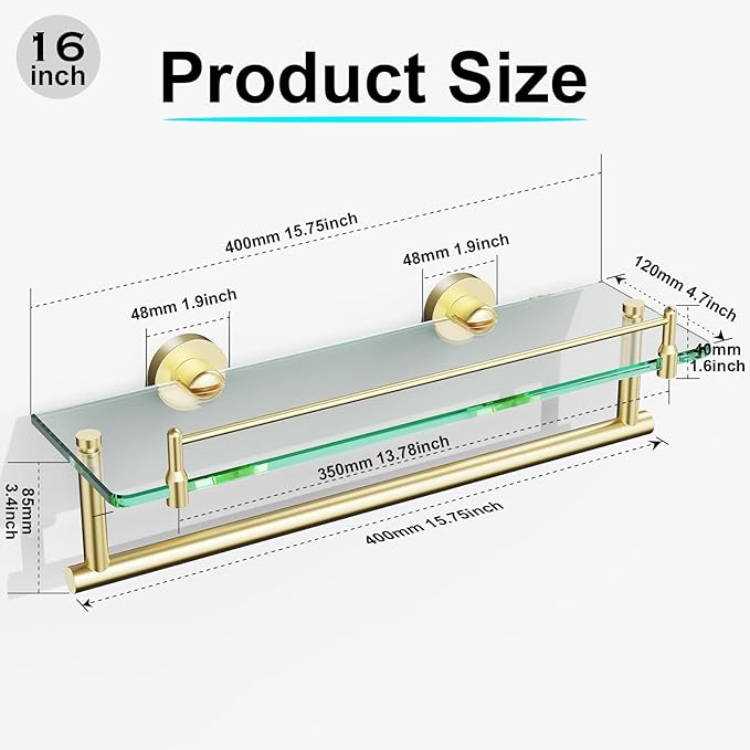 Towel Rack with Shelf 16 Inch, Bathroom Shelf with Towel Bar Tempered Glass, Brushed Gold Modern Rustproof Stainless Steel Wall Mount