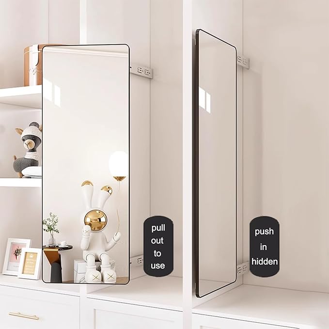 Hideaway Closet Mirror - Retractable Full Length Mirror, 35" x 16" Wall Mounted, Suitable for Bedroom, Locker Room, Cloakroom
