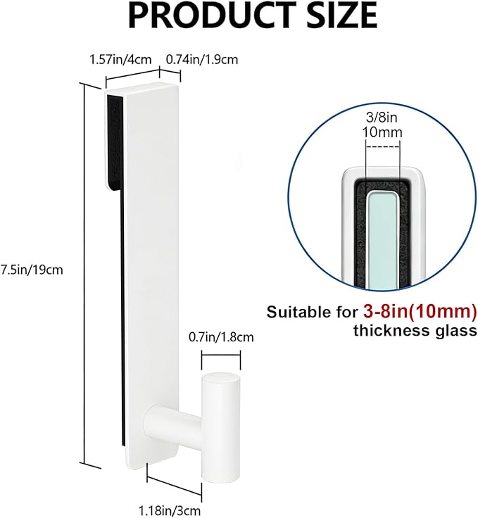 PMMASTO Shower Door Hooks, (7.5 Inch) Extended Towel Hooks for Bathroom Frameless Glass Shower Door, Stainless Steel Heavy Duty Hooks (White, T Shape-Fits 3/8" Thick Door)