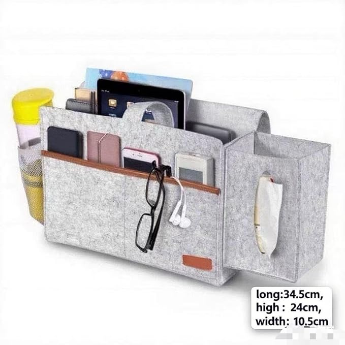 Bedside Caddy - Hanging Storage Pouch for Bedside, Couch, Dorm Room - Multi-Pocket Wall Mounted Felt Storage Organizer for Bedroom,With Tissue Box Cover Holde (Light Gray)