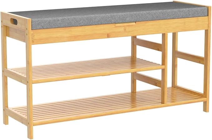 HIFIT 2-Tier Entryway Shoe Rack Bench with Storage, 36 in Bamboo Storage Bench with Padded Seat, Shoe Oiganizer Shelf for Entryway Mudroom Bathroom Hallway, Natural