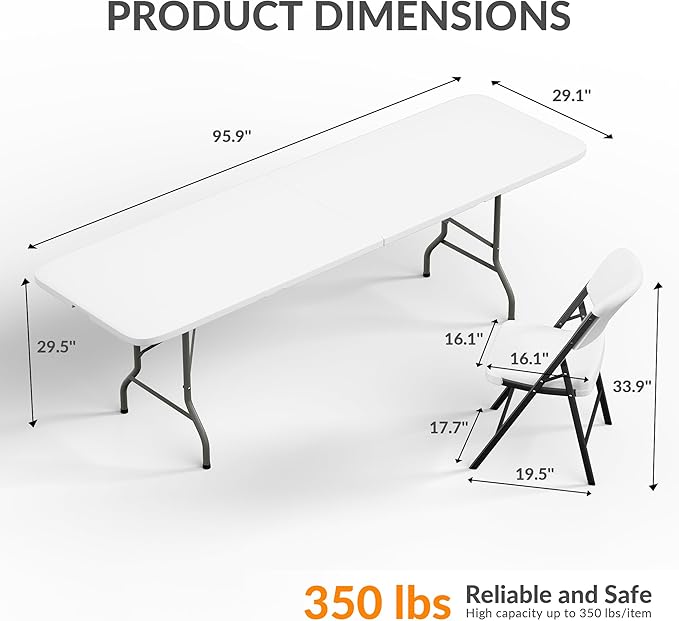 Elevon Folding Table Set with 10 White Folding Chairs,8 Feet Heavy Duty Fold-in-Half Utility Table Sets for Picnic, Event, Training, Outdoor Activities, at Home and Commercial Use