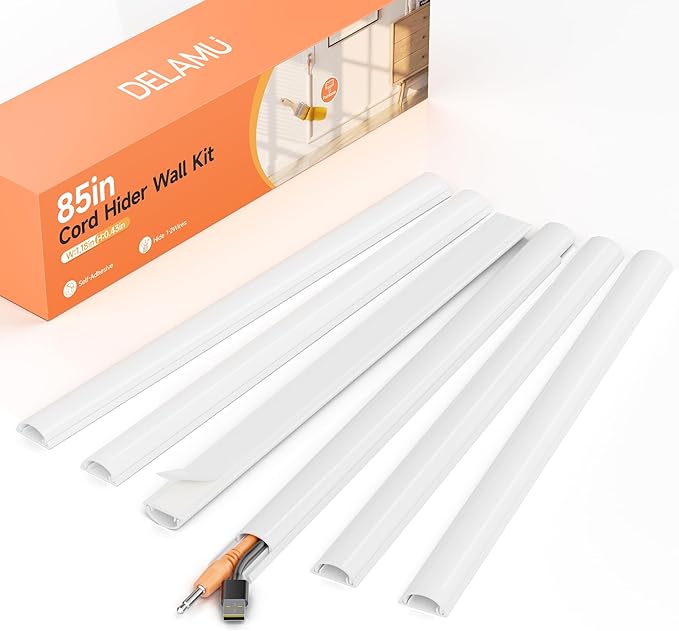 Delamu 85in Adhesive Cord Hider Wall, Mounted TV Cord Cover Kit, Multiple Cable Raceways for Wall Corner, Wire Cover Hiders for 1-2 Cables, 1.18" W X 0.43" H, White